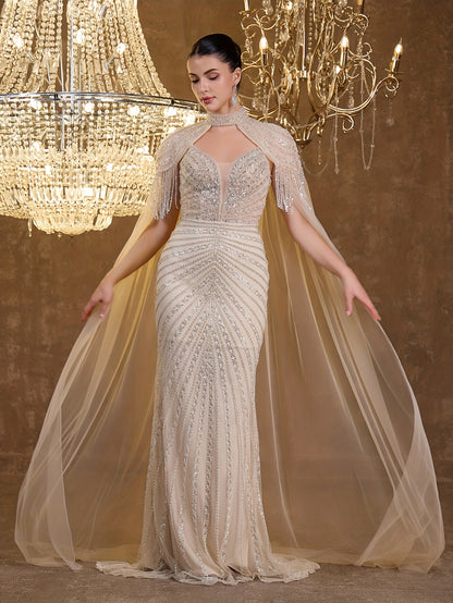 Sequined Lace Fringe Off-shoulder Bustier Elegant Sexy Mermaid Evening Gown