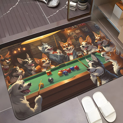 1pc Playful Dogs Playing Billiards Door Mat - Absorbent Microfiber Polyester, Machine Washable Indoor Rug for Bathroom, Bedroom, Living Room Entrance, Bathroom Floor