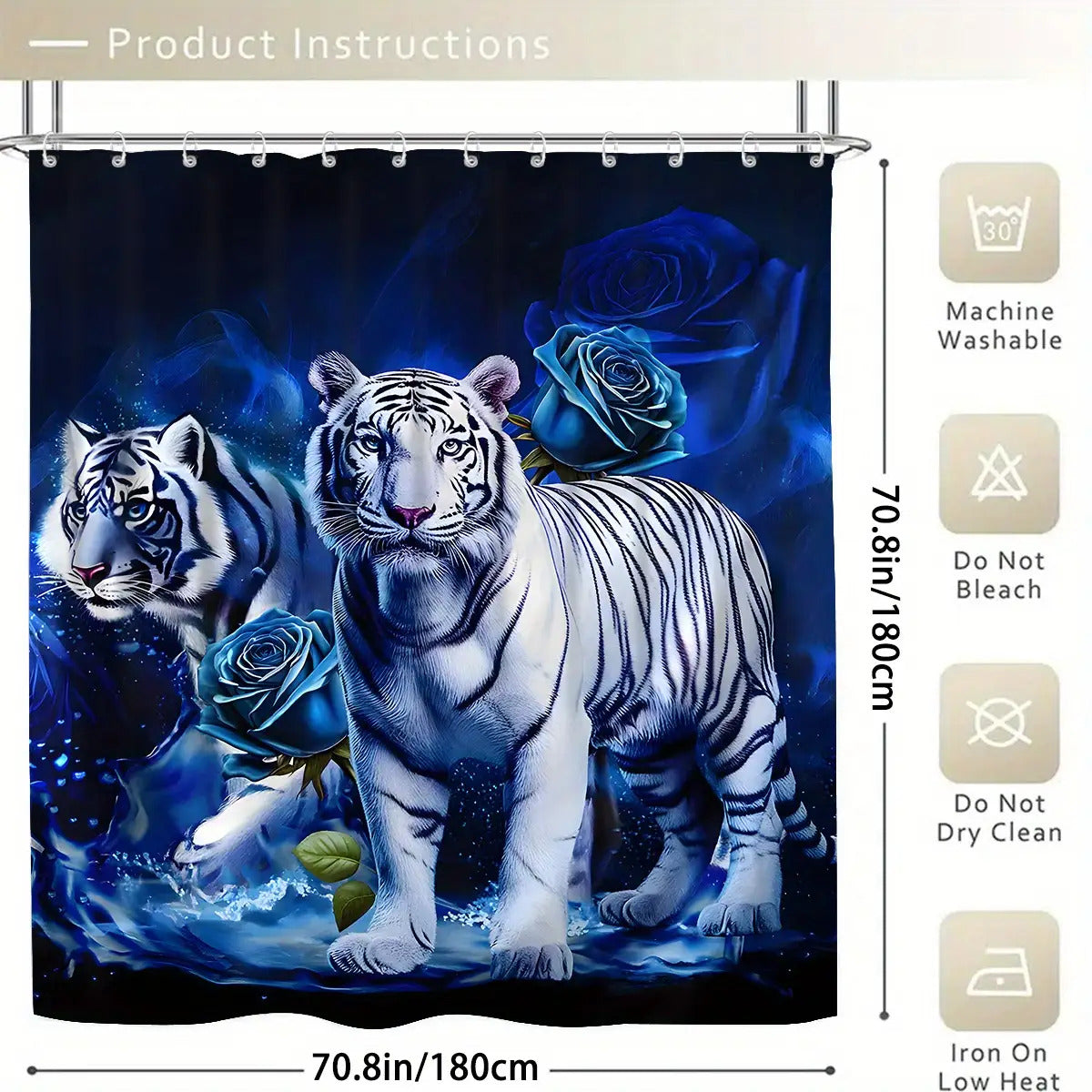 4pcs White Tiger & Blue Rose Bathroom Set - Wet/Dry Shower Curtain System with Non-Slip Mats, Toilet Lid Cover & U-Shaped Mat, 12 Hooks - Luxury Animal Print Bath Decor (Machine Washable, All-Season Use)