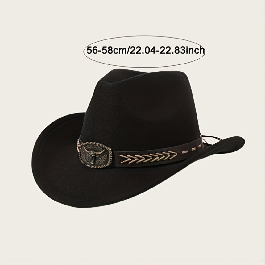 3pcs Unisex Western Cowboy Hats - Wide Brim Sun Protection, Metal Bull Head Buckle & Braided Faux Belt, Vintage Style for Outdoor Riding, Hiking, Rodeo (Black/Brown/White) | Classic Cowboy Style | Faux Fabric