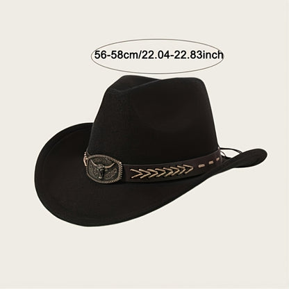 3pcs Unisex Western Cowboy Hats - Wide Brim Sun Protection, Metal Bull Head Buckle & Braided Faux Belt, Vintage Style for Outdoor Riding, Hiking, Rodeo (Black/Brown/White) | Classic Cowboy Style | Faux Fabric