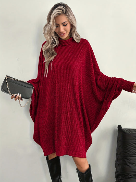[Batwing Sleeve Dress] Women's Solid Color High Neck Batwing Sleeve Dress