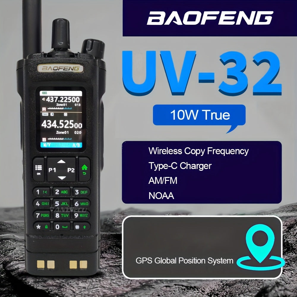 BAOFENG UV-32 Multi-Band Handheld Radio with GPS, 10W High-Power Walkie Talkie, Type-C Charging, 6-Band UHF/VHF/ HF/AM/FM/LSB, NOAA Weather Alerts, USB-C Charging, Compatible with PC/Laptop, for Emergency Services, Constructi