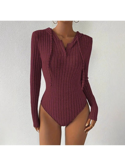 Women's Jumpsuit, V-neck Hooded Jumpsuit for Women, High-slit Bikini-style Slim-fit Loungewear, Brushed Ribbed Hooded Solid Color Jumpsuit and Romper