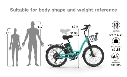 350-500w Powerful Motor, 20-26MPH Commut Erelectric Bike, LCD Display, 7 Speed Shift Adult Electric Bicycle, 36V 10.4A Lithium Battery, 24-inch Wheels, Aluminum Alloy Body, Front Fork Shock Absorber, Headlights, Night Driving