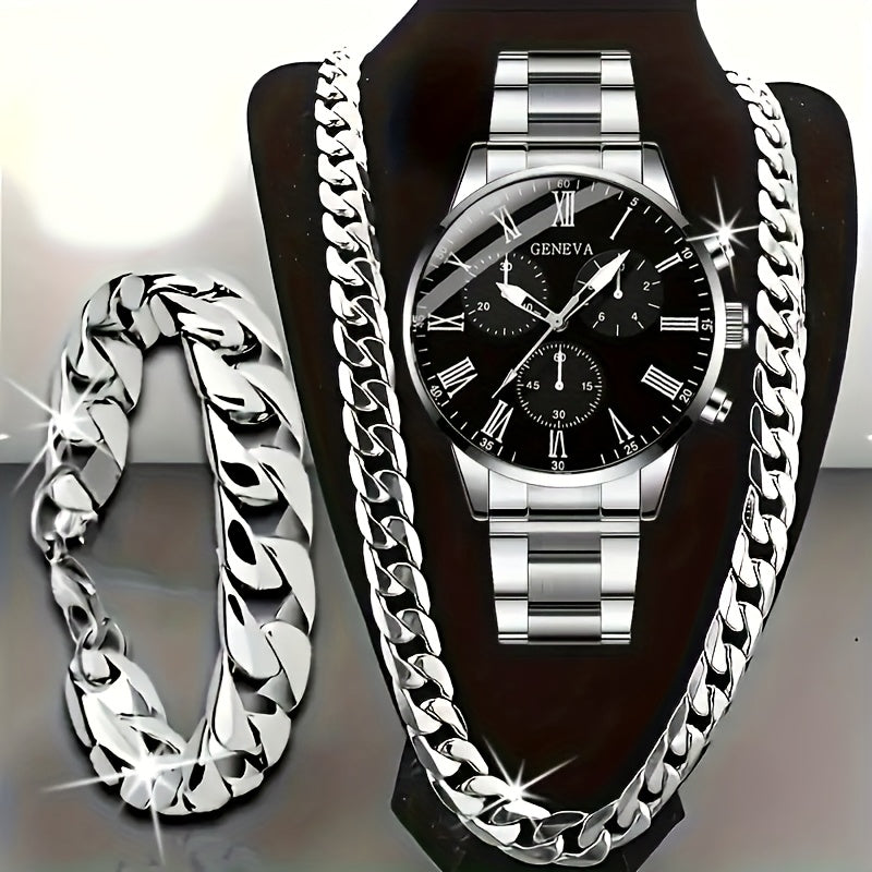 3pcs Set Men's Watch & Necklace Bracelet Set - Quartz Movement Analog Watches with Matching Bracelets, Analog with Hour/Minute/Second Hands, Round Face Business & Casual Wristwatch Collection for Gifts for Men (-)