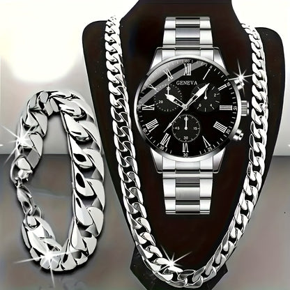 3pcs Set Men's Watch & Necklace Bracelet Set - Quartz Movement Analog Watches with Matching Bracelets, Analog with Hour/Minute/Second Hands, Round Face Business & Casual Wristwatch Collection for Gifts for Men (-)