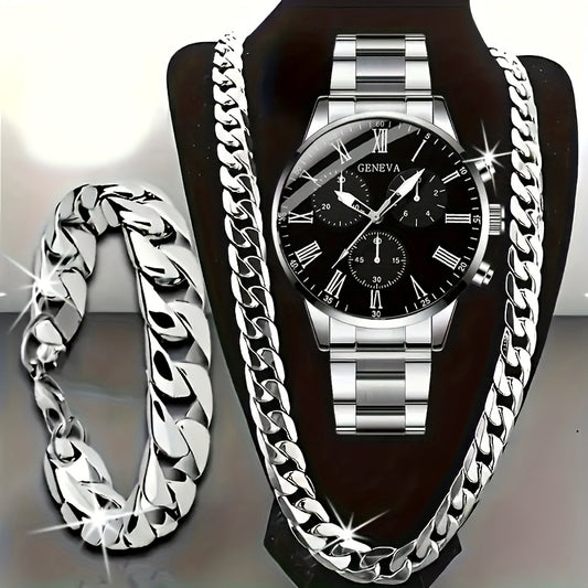 3pcs Set Men's Watch & Necklace Bracelet Set - Quartz Movement Analog Watches with Matching Bracelets, Analog with Hour/Minute/Second Hands, Round Face Business & Casual Wristwatch Collection for Gifts for Men (-)