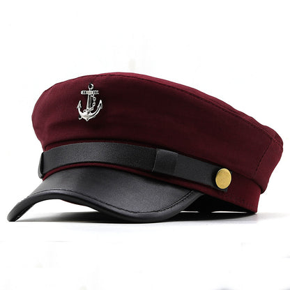 Women's Nautical Anchor Beret Hat - Red & Black Yacht with White Anchor Emblem, Adjustable Buckle Closure, Large Head Size for Face, All-Season Lightweight French-Style for Sailing, Parties & Maritime Events