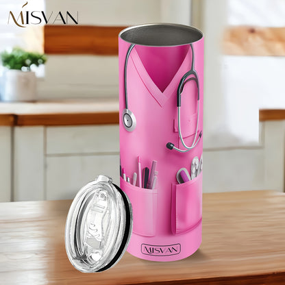 1pc MISVAN Nurse-Themed 20oz Vacuum Insulated Cup with Lid - Customizable "Your Name" Design, Pink Stethoscope & Medical Symbol, Perfect Gift for Mother'S Day, Father'S Day, Nurses' Day & Birthdays, Travel & Sports Drinkware,