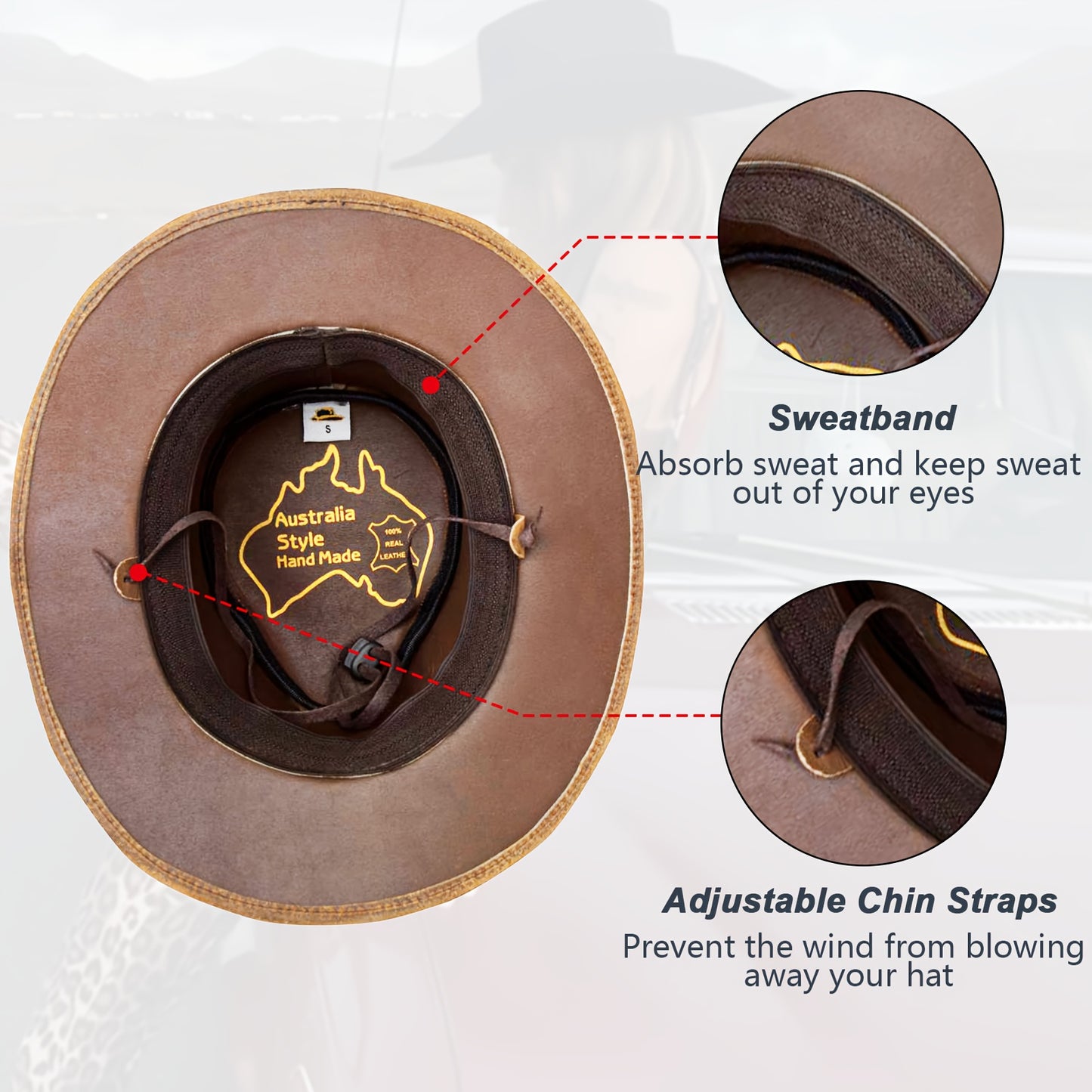 Shapeable Leather Cowboy Hat Into Outback Hat Western Vintage Australian Hats for Men & Women, Festival Unisex Outdoor, High Quality &, Handcrafted Headwear-Stitching, Lightweight Top-Grain Leather, Brass Studs, Adjustable Ch