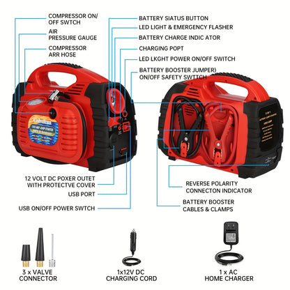 1000 Amp 12V Portable Car Jump Starter with Air Compressor, & Fast Charge - Heavy-Duty 260PSI Air, USB/ Lighter Power, Lithium-like Lead Acid Battery Booster for Trucks, RV, Boats, Motorcycles (Battery &
