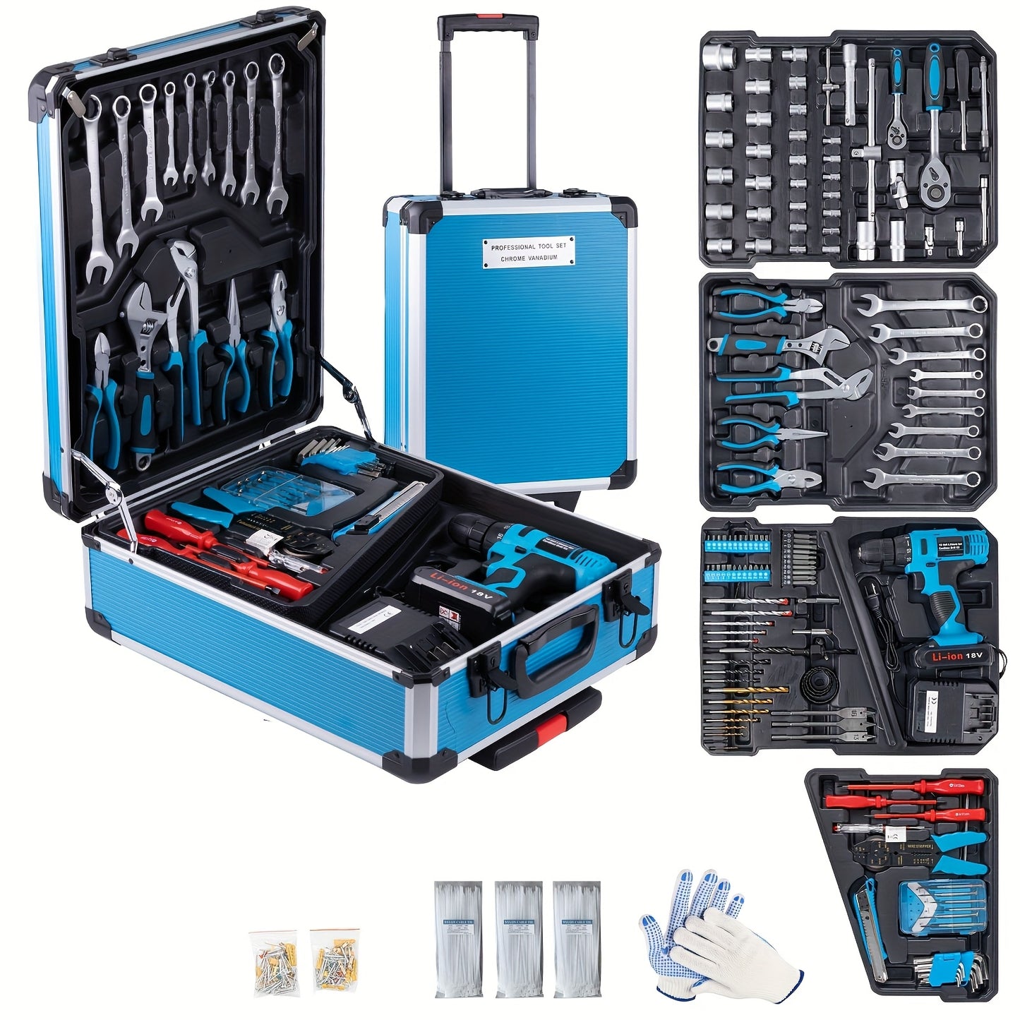 799pcs Men's Tool Set with Rolling Box, Complete Household Tool Kit in Aluminum Trolley Case, Ideal Father's Day Gift, Tool Box, Tool Set, valentines day gift