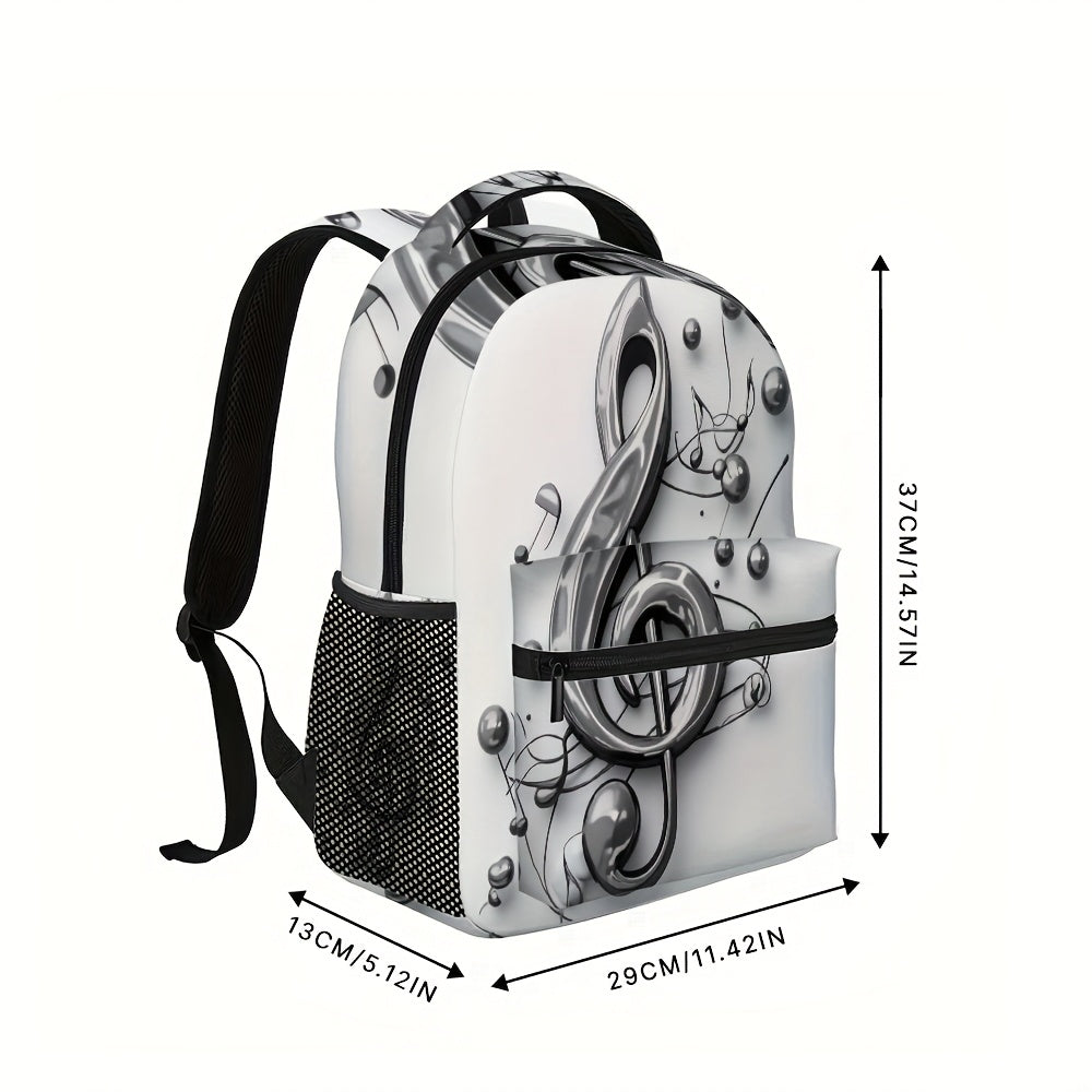 1pc Trendy Music Notes Printed Backpack - Durable 2D Flat Design with Studded Detail, Black & White, Perfect for School, Work, and Outdoor Activities, Backpack for School