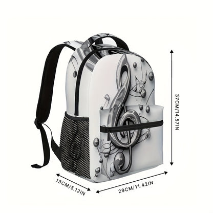 1pc Trendy Music Notes Printed Backpack - Durable 2D Flat Design with Studded Detail, Black & White, Perfect for School, Work, and Outdoor Activities, Backpack for School