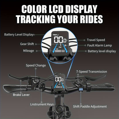 700W Adult Electric Mountain Bike 26" Heavy-Duty Tire All-Terrain, 25 MPH High Speed & 45-Mile Range, 7-Speed Compatible Gears, Front Suspension Fork, Disc Brakes, LCD Display, 48V 10AH Removable Battery, Global Voltage 100-2