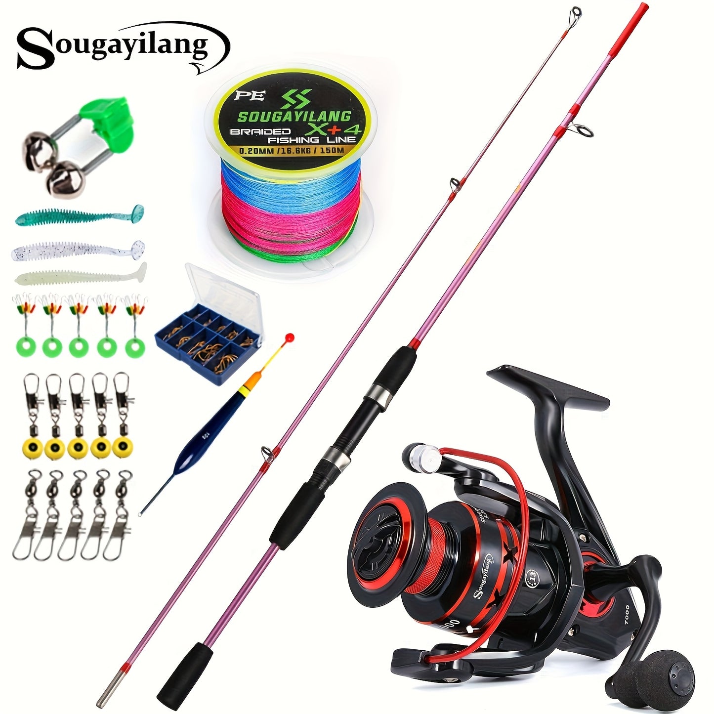 Sougayilang Fishing Rod and Reel Set, Two-Section Straight Handle Spinning Reel Combo with 5.2:1 Gear Ratio for Blackfish, Trout, Bass, Dogfish, and Carp - Beginner-Friendly Complete Tackle Kit with Random Color Line and Bait