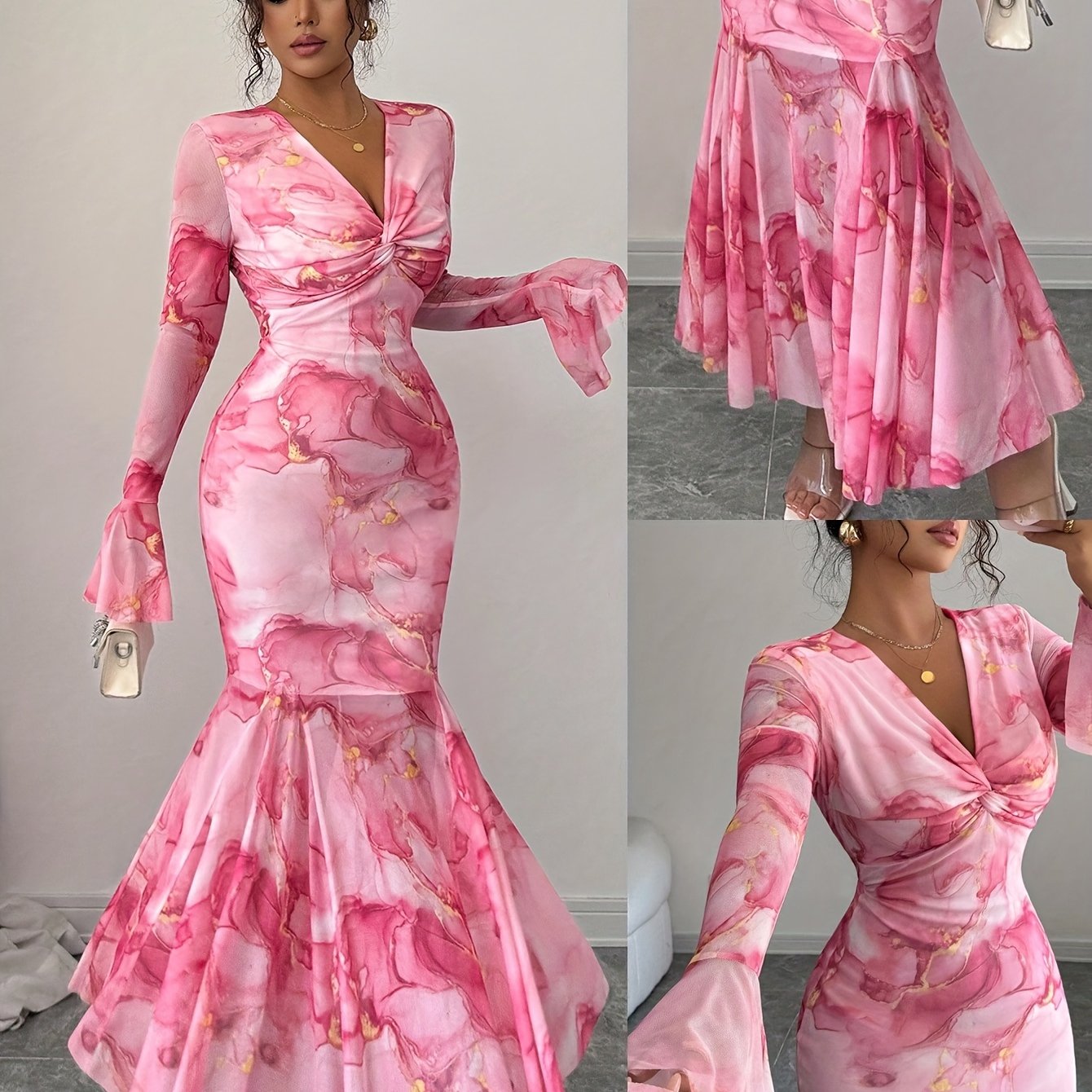 's Pink & Golden Peony Floral Print Mermaid Evening Gown - Bell Sleeve A-Line Wedding Dress with Train, -Length Party Dress for Prom, Galas & Formal Events (Machine Washable)