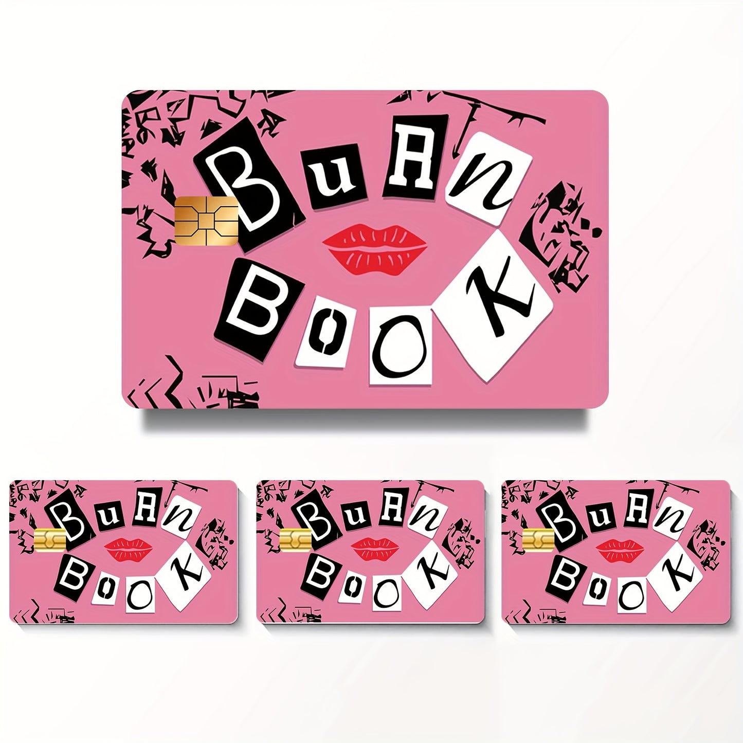 4-Pack Cute Color Block PVC Credit Card Skins - Pink & Design with "Burn Book" Text, Anti-Scratch & Waterproof Vinyl Stickers for Debit, Transit