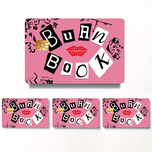 4-Pack Cute Color Block PVC Credit Card Skins - Pink & Design with "Burn Book" Text, Anti-Scratch & Waterproof Vinyl Stickers for Debit, Transit