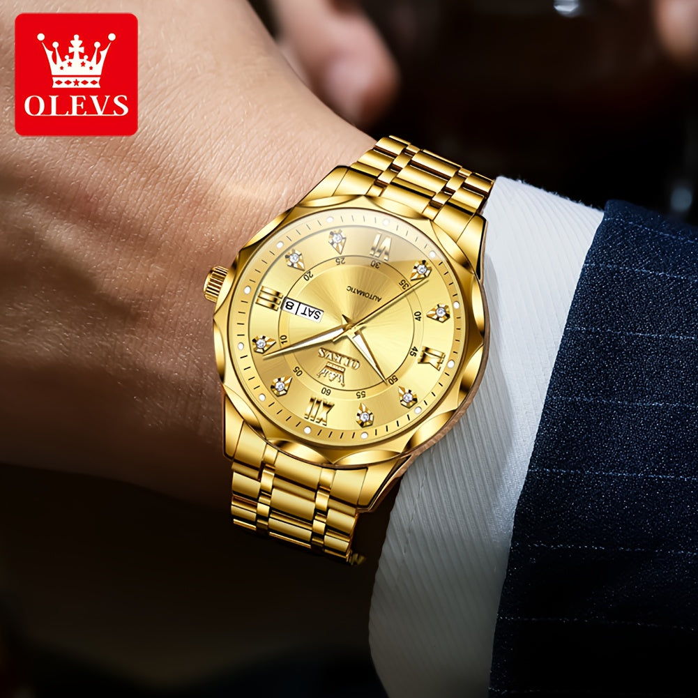 OLEVS Luminous Stainless Steel Automatic Mechanical Watches for Men Brand New Luxury Original Business Golden Men's Wrist Watches Classic Trend Best Selling High Quality Men's Watches,  Classic Design, Premium Materials, Gift