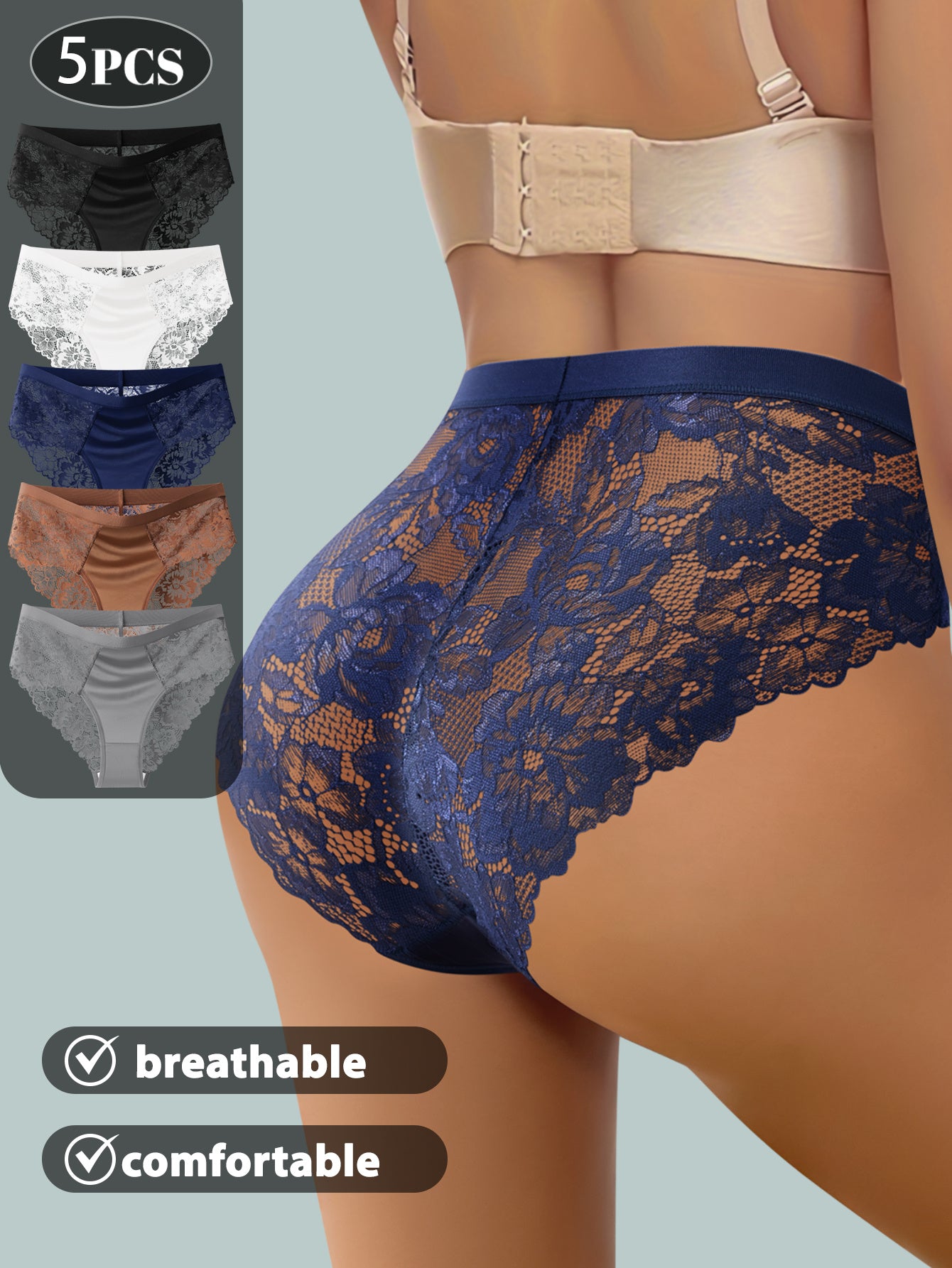 5pcs QUASTI Women'S Solid Color Lace Edge Panties | Simple and Fashionable, Comfortable and Soft, Elegant Style, Semi-Transparent Triangle Design, Suitable for Couple Dates and Everyday Outings