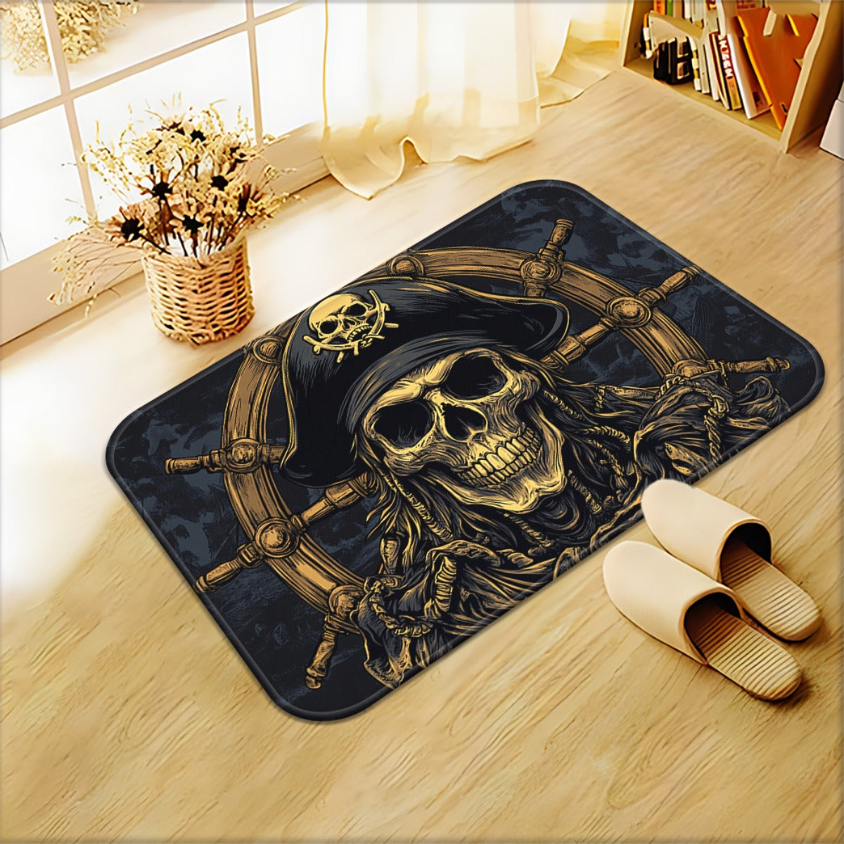 1pc Pirate Skull & Wheel Design Microfiber Absorbent Machine Washable Polyester Rug - Black & Golden Pirate Ship Wheel & Skull Motif, Durable Rectangular Floor Mat for Bathroom, Bedroom, Living Room Entrance, Home Decor, Bath