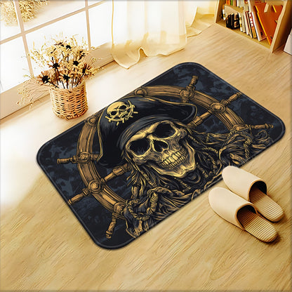 1pc Pirate Skull & Wheel Design Microfiber Absorbent Machine Washable Polyester Rug - Black & Golden Pirate Ship Wheel & Skull Motif, Durable Rectangular Floor Mat for Bathroom, Bedroom, Living Room Entrance, Home Decor, Bath