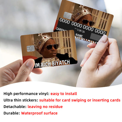 4pcs Waterproof PVC Card Skins - Funny "I'M RICH BIYOTCH" Golden Card Design Stickers | Scratch-Resistant, Non-Slip Glossy-like for Credit/Debit Cards & Keychains | Ultra-Thin Durable Disposable VIP-Style Protectors (Matte Vi