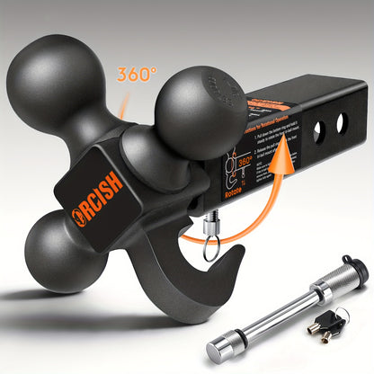 Trailer Hitch Tri-Ball Mount With Hook Contain Secure Self-Lock Latch, Hitch Ball Size 1-7/8", 2" And 2-5/16", Fit 2 Inch Hitch Receiver, Tow Hitch With Double Anti-Theft Pins Locks