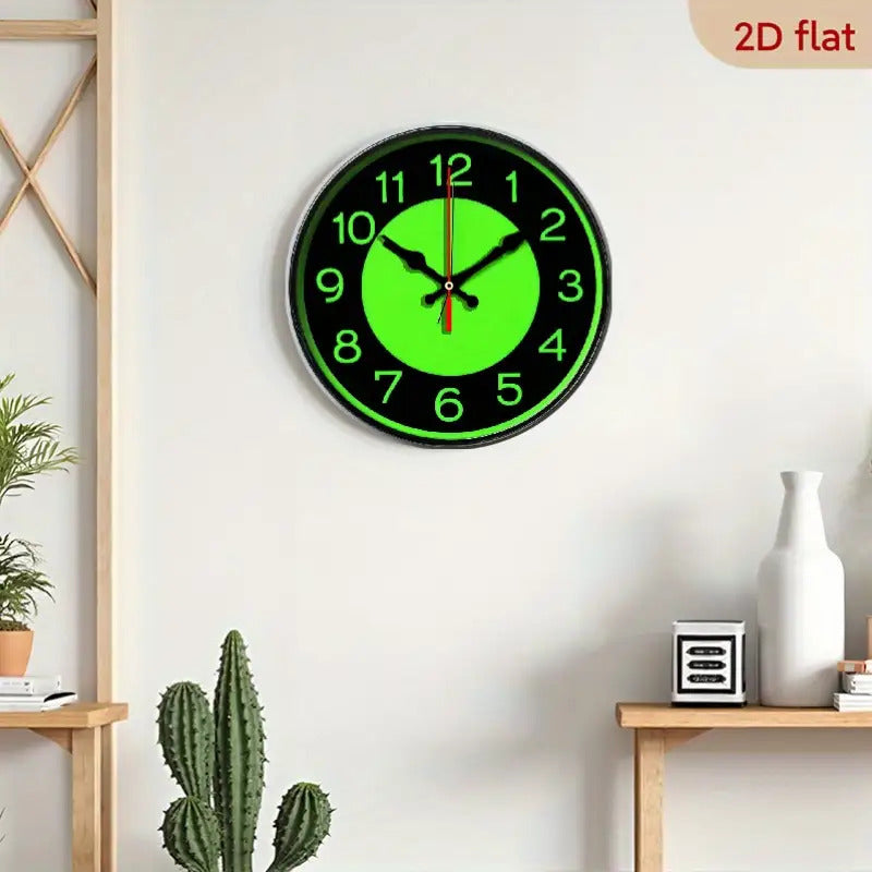 12 Inch Neon Green Glow-in-the-Dark Wall Clock - Retro Modern Minimalist Design with Large Easy-to-Read Numbers, Silent Non-Ticking Battery Operated, Wood Frame & Hands - Ideal for Living Room, Bedroom, Kitchen, Office - AA B
