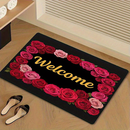 1pc Non-Slip Welcome Doormat - Red Roses & Welcome Golden Lettering on Black Background, High Quality Bathroom Mat, Entryway Mat, Camping Floor Mat - Machine Washable Rubber Backing for Indoor/Outdoor Use - Perfect for Christ