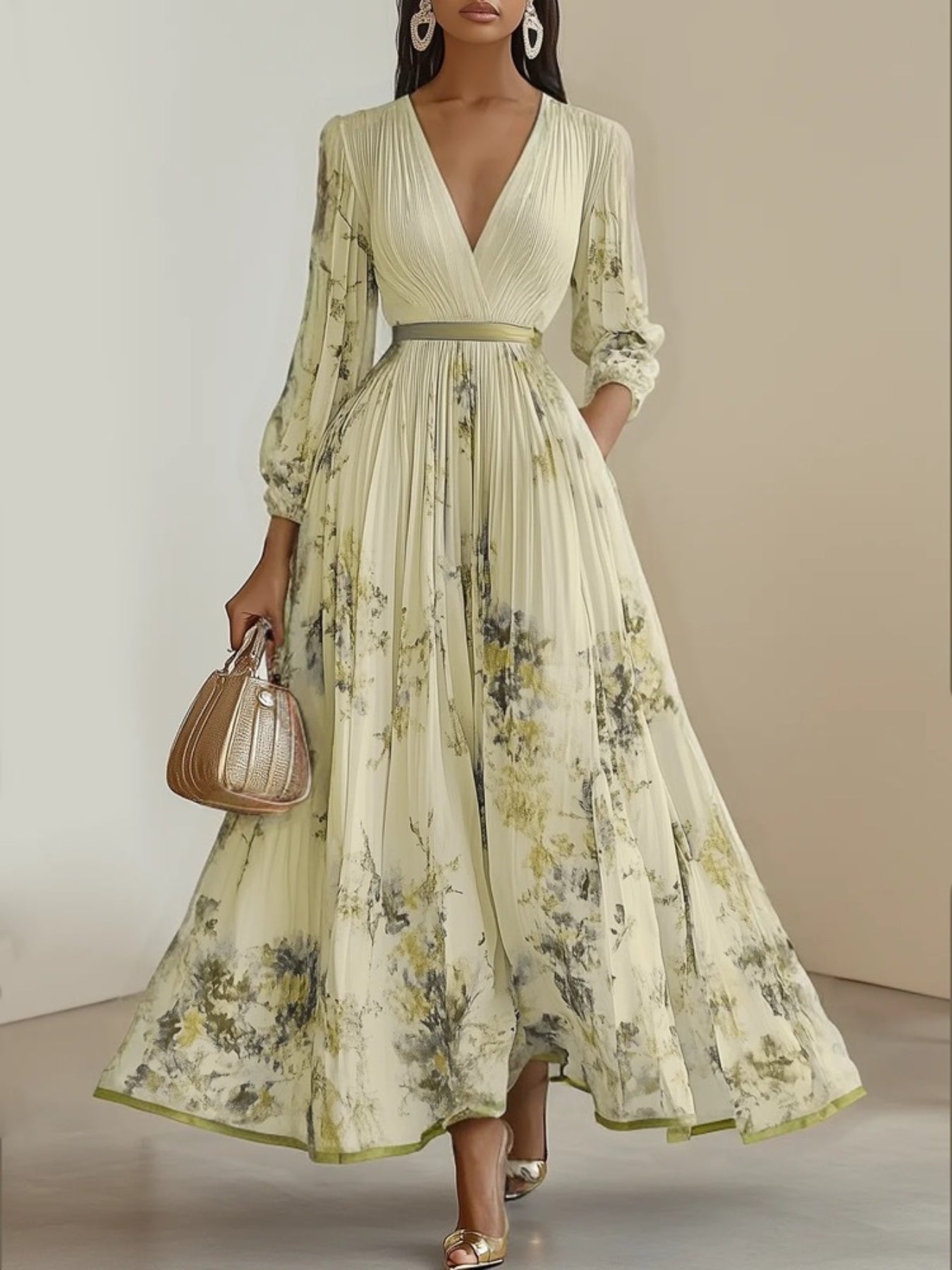 Women's Elegant A-Line Maxi Dress with V-Neck & full-length Zipper Back - Long Sleeve Summer Wedding Guest Gown, Pleated Maxi, Non-Stretch Fabric (Hand Wash/Dry Clean) - Floral print suitable for Prom, Party, Special Occasion