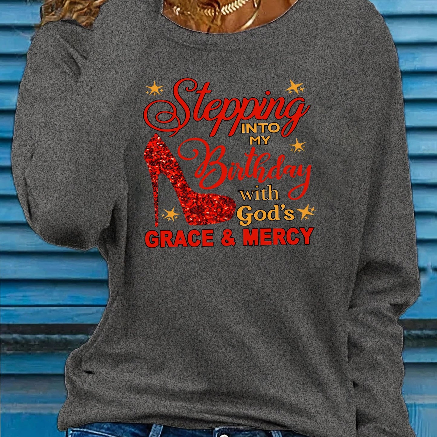Women'S Christian Faith-Inspired "Stepping Into Birthday with God'S Grace & Mercy" Red High Heel Print Long Sleeve T-Shirt - Soft Breathable 95% 5%, Casual & Streetwear Style, Birthday Outfit, Trendy Streetwear, Medium Stretc