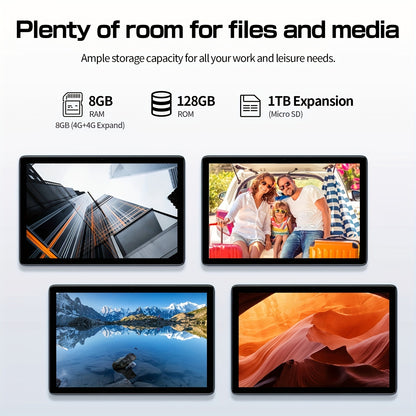 PRITOM Tablet 10.1-inch Android 14 operating system Tableta, 2-in-1 tablet with keyboard, mouse, protective case, stylus, 128GB ROM+(4GB+4GB expansion) RAM, 8MP dual camera, 8-core processor, 8000mAh battery, 1280 * 800IPS hi