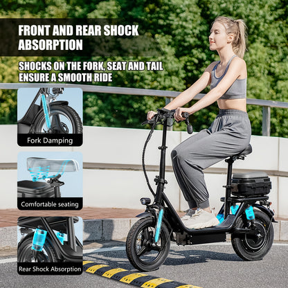 K12 650W Electric Scooter, 48V 15Ah, 14" Pet Escooter With Cushioned Seat, With Large Capacity Basket And BOX (Removable), Adults And Teens, 300lbs Max Load
