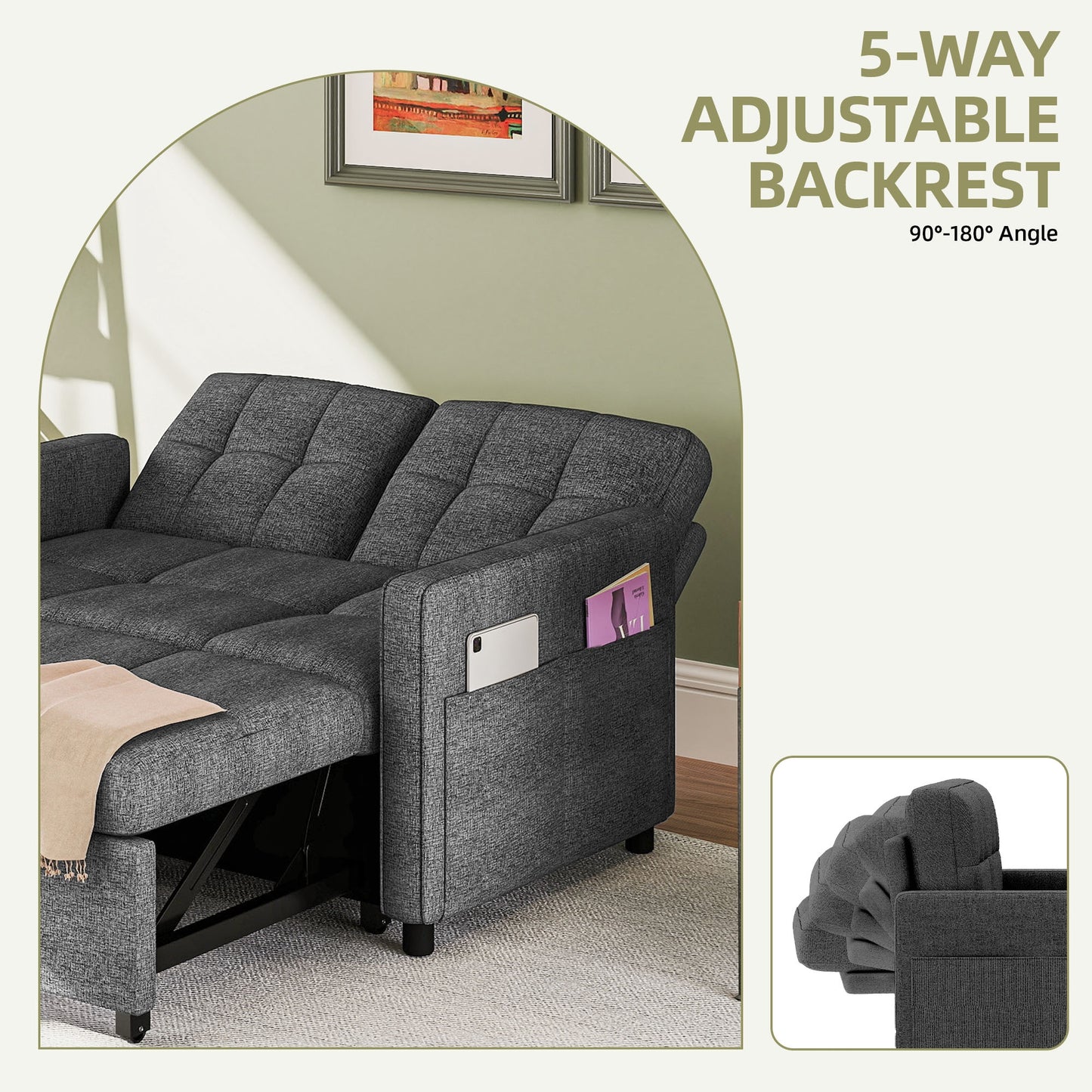 Sablyme 3-in-1 Convertible Sleeper Chair Sofa Bed, Convertible Sofa Bed with Pull- Out Bed, Adjustable Pull-Out Sleeper with Multi-Pocket Folding Design, Linen Fabric Sofa with Side Storage Pockets And Adjustable Backrest, fo