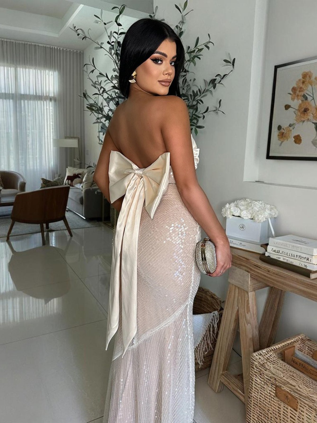 Plus Size, Plus Size Women's Elegant Mermaid/Fishtail Evening Gown - Strapless Sparkling Sequin -Neck Wedding Prom Dress with Asymmetrical train, Long Mermaid/Fishtail Tail, Machine Washable (No Bust Padding/Alterations) Suit