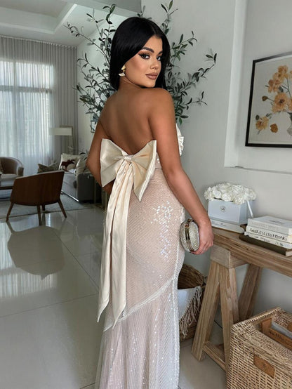 Plus Size, Plus Size Women's Elegant Mermaid/Fishtail Evening Gown - Strapless Sparkling Sequin -Neck Wedding Prom Dress with Asymmetrical train, Long Mermaid/Fishtail Tail, Machine Washable (No Bust Padding/Alterations) Suit
