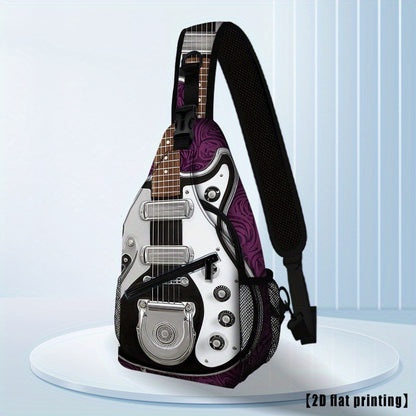 Burning Guitar (8) Black Guitar-Shaped Crossbody Backpack - Adjustable Shoulder Straps, Foldable Large Capacity, Durable Polyester for Travel, Beach, Camping, Work & Casual Outings - Unisex Gift for Music Lovers