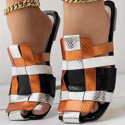 Women'S Slip-On Square Toe Sandals - Slip-Resistant Rubber Sole, Cushioned Insole - All-Season Beach, Casual, Party Shoes - Black/Orange/White Colorway - Synthetic Cover Upper - Everyday & Formal Events Footwear, Beach Wear,
