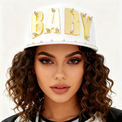 Punk Style Men'S Baseball Cap, 100% Polyester Lightweight Flat Brim Hat with Alphabet Pattern and Embellishments, Non-Stretch Fabric