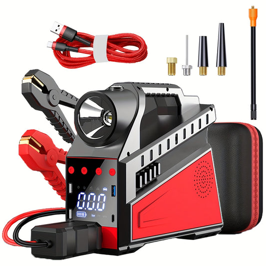 5-in-1 Portable Battery Starter with 6000A Peak Current, 800 Lumens LED Light, 150PSI Tire Inflator - USB Charging, Rechargeable Lithium Polymer Battery, Ideal for 2.38gal Gasoline or 2.11gal Diesel Engines, Emergency Vehicle