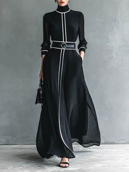ARTPAGE Spring French Elegant Color-Block Long-Sleeve Dress with High Neck, Chiffon Long Skirt, and Belt