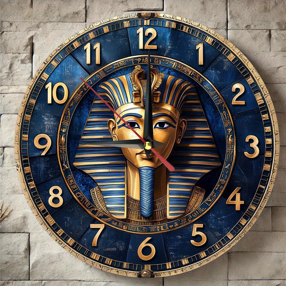 Egyptian-Themed Silent Wooden Wall Clock, 9.8" Round - Farmhouse Style Decor for Kitchen, Bedroom, Office | Easy to Read, No Ticking Sound | Battery Not Included, Round Hanging Clock