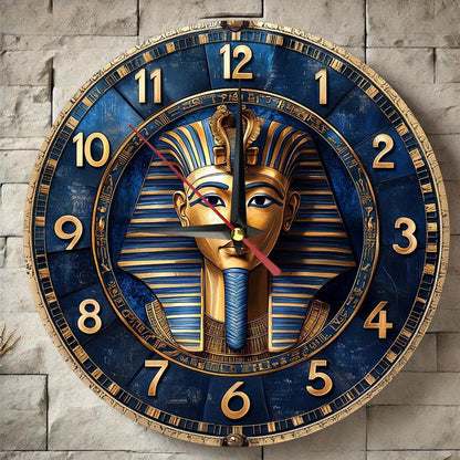 Egyptian-Themed Silent Wooden Wall Clock, 9.8" Round - Farmhouse Style Decor for Kitchen, Bedroom, Office | Easy to Read, No Ticking Sound | Battery Not Included, Round Hanging Clock