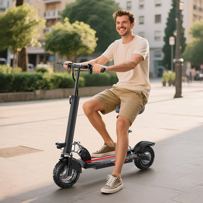 Adult Electric Scooter 700W Motor 20 MPH & 35 Mile Range, Foldable E-Scooter with Seat, 10" All-Terrain Tires, Dual Suspension, 48V 15AH, Heavy-Duty Black/Red E--like Ride for Adults ( Plug)