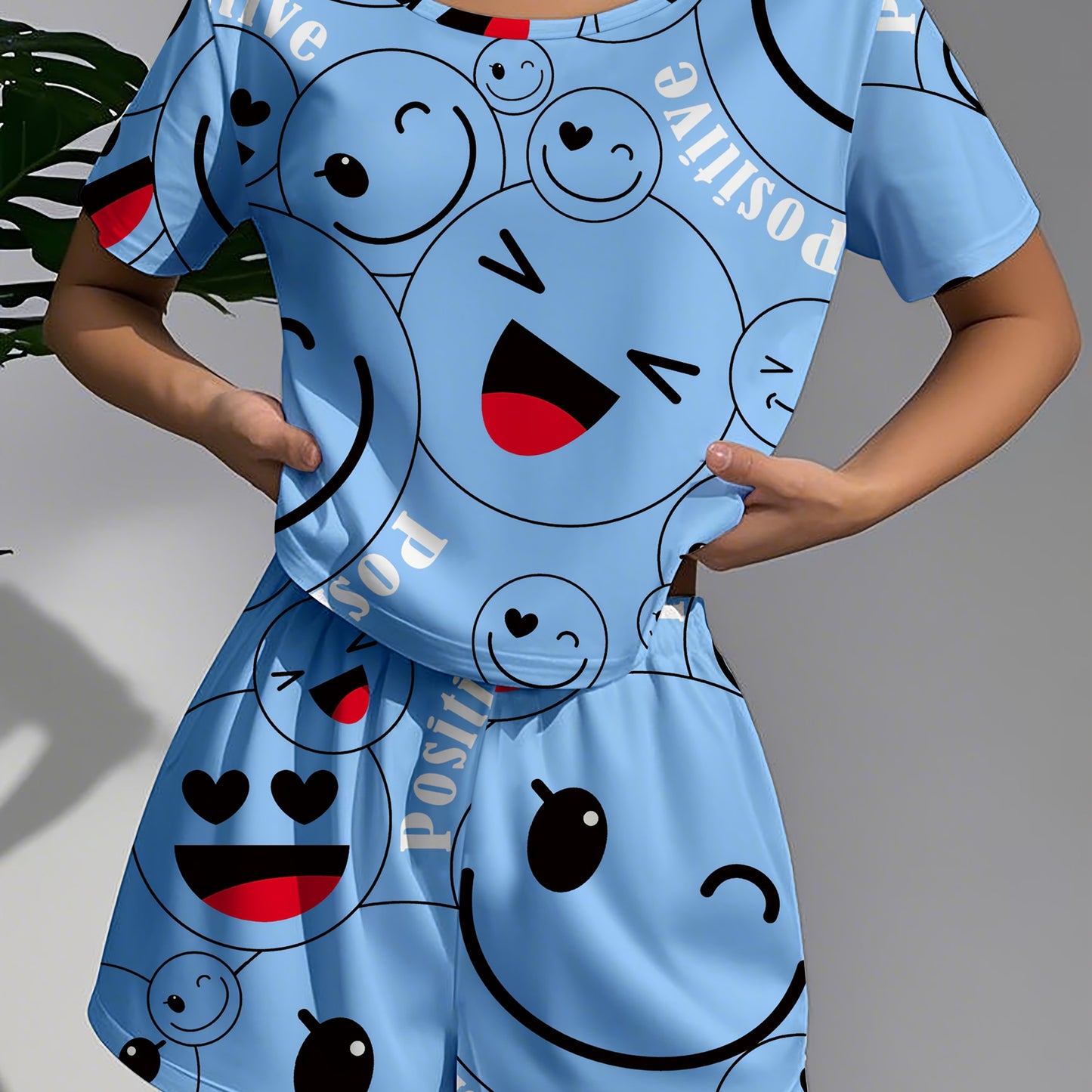 Women's Pajamas Women's Casual Sleepwear Happy Theme Patterned Pajama Set, Soft Loose Fit Short Sleeve Top with Elastic Pants, Machine Washable and Dry Cleanable, Perfect Sleeping Choice