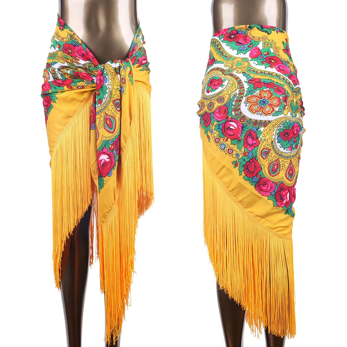 Women'S Luxury Boho Floral Fringe Hip Scarf - Elegant Belly Dance Wrap Skirt & Shawl with Tassel Hem, Vibrant Red Color Options, Multicolor Printed Bohemian Style for Beach, Festival, Party, Travel - Versatile Sarong Cover Up
