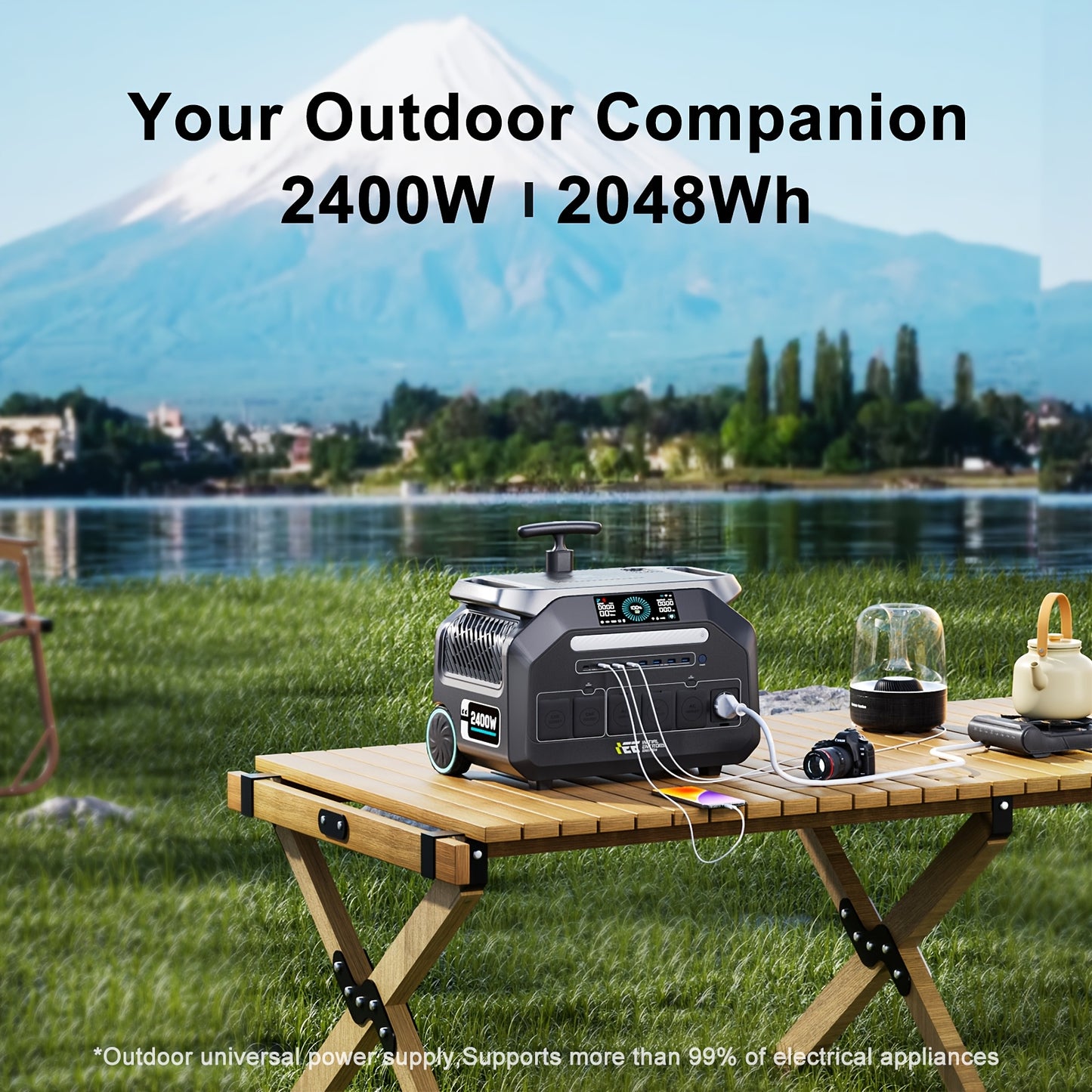 IEE 2400W Portable Power Station P2400 with 1pc 200W Solar Panel, 2048Wh Solar Generator, 1800W AC Charging, AC Outlets X 4, LiFePO4 Battery Power Station for Home Backup, Camping, RV, Emergencies, Portable Power Station with